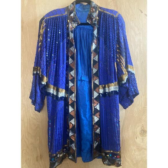 Vintage 1980s Sequin Beaded Duster Kimono Open Front Jacket Frank Usher Style - Picture 3 of 15